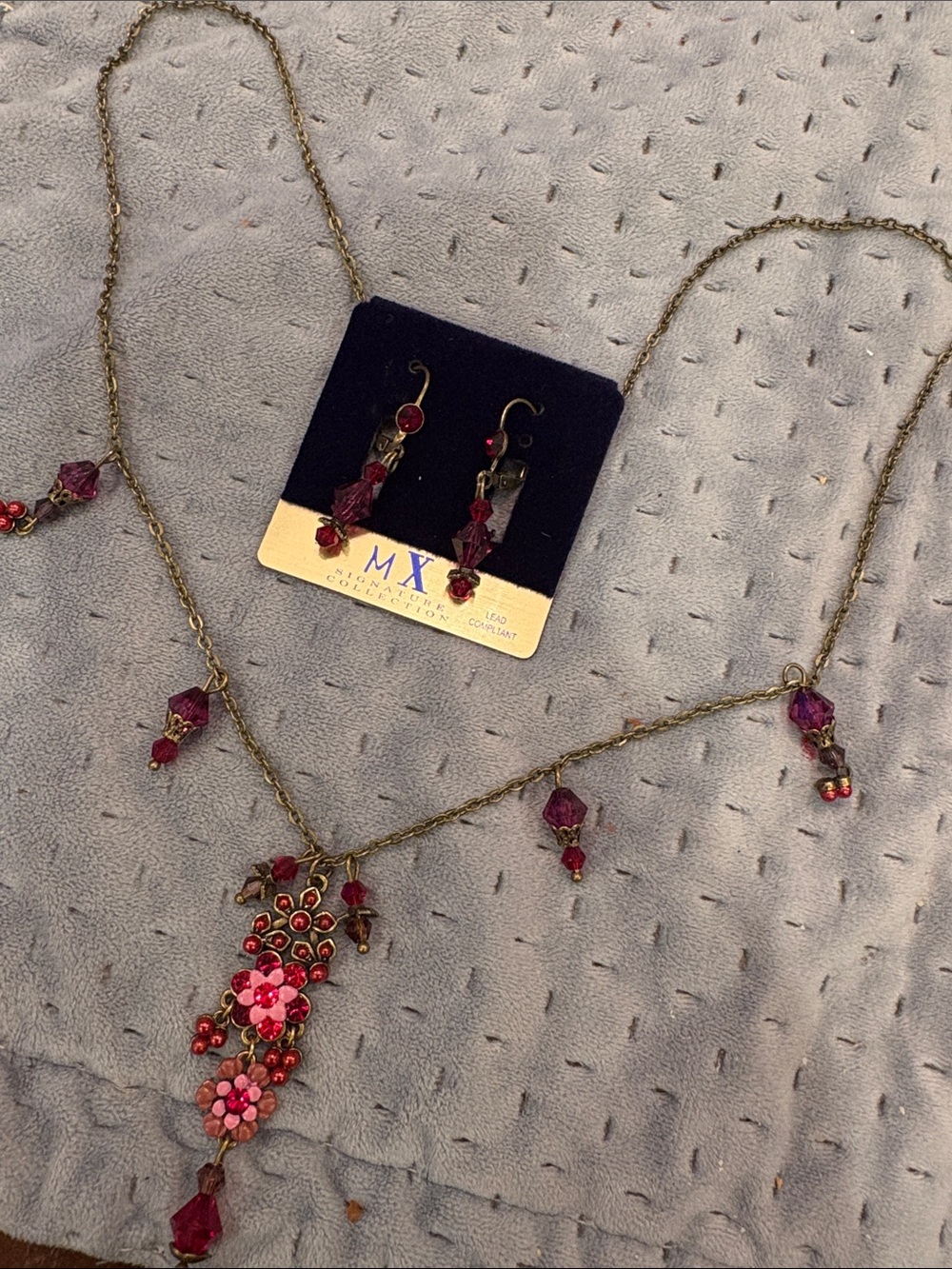 MX Signature Antiqued Pink & Purple Floral Drop Necklace & Earrings Set